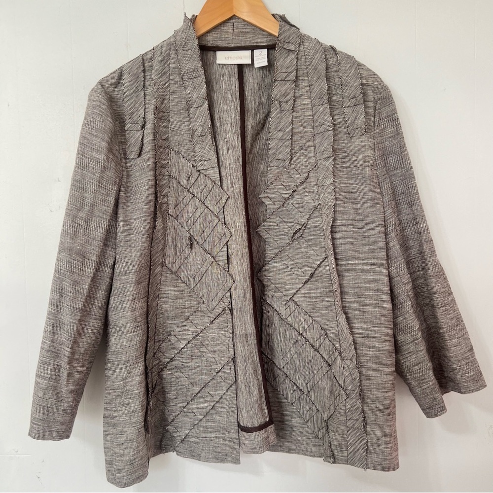CHICOS Crosshatch Haley Linen Blend Open Front Lightweight Contemporary Jacket L